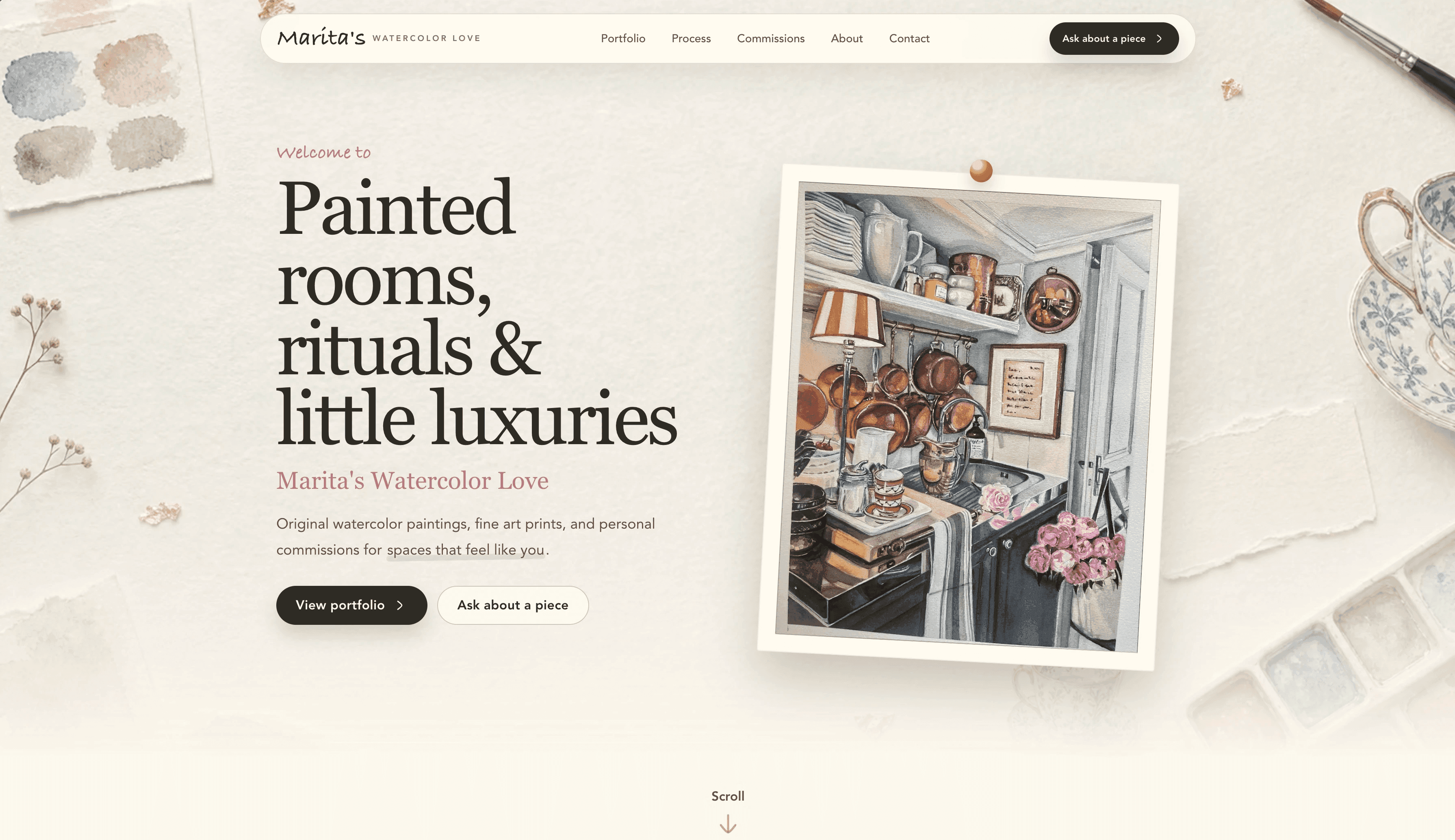 Watercolor Love homepage with a pinned artwork hero