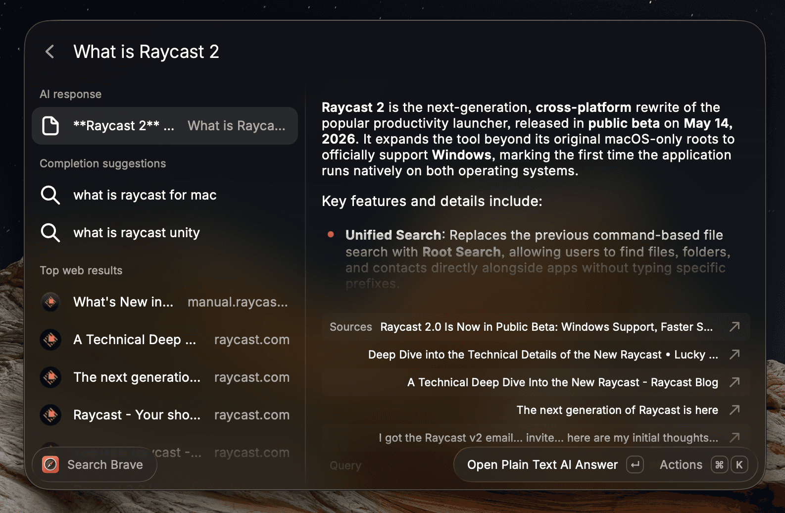 Brave Search Companion Raycast search surface concept
