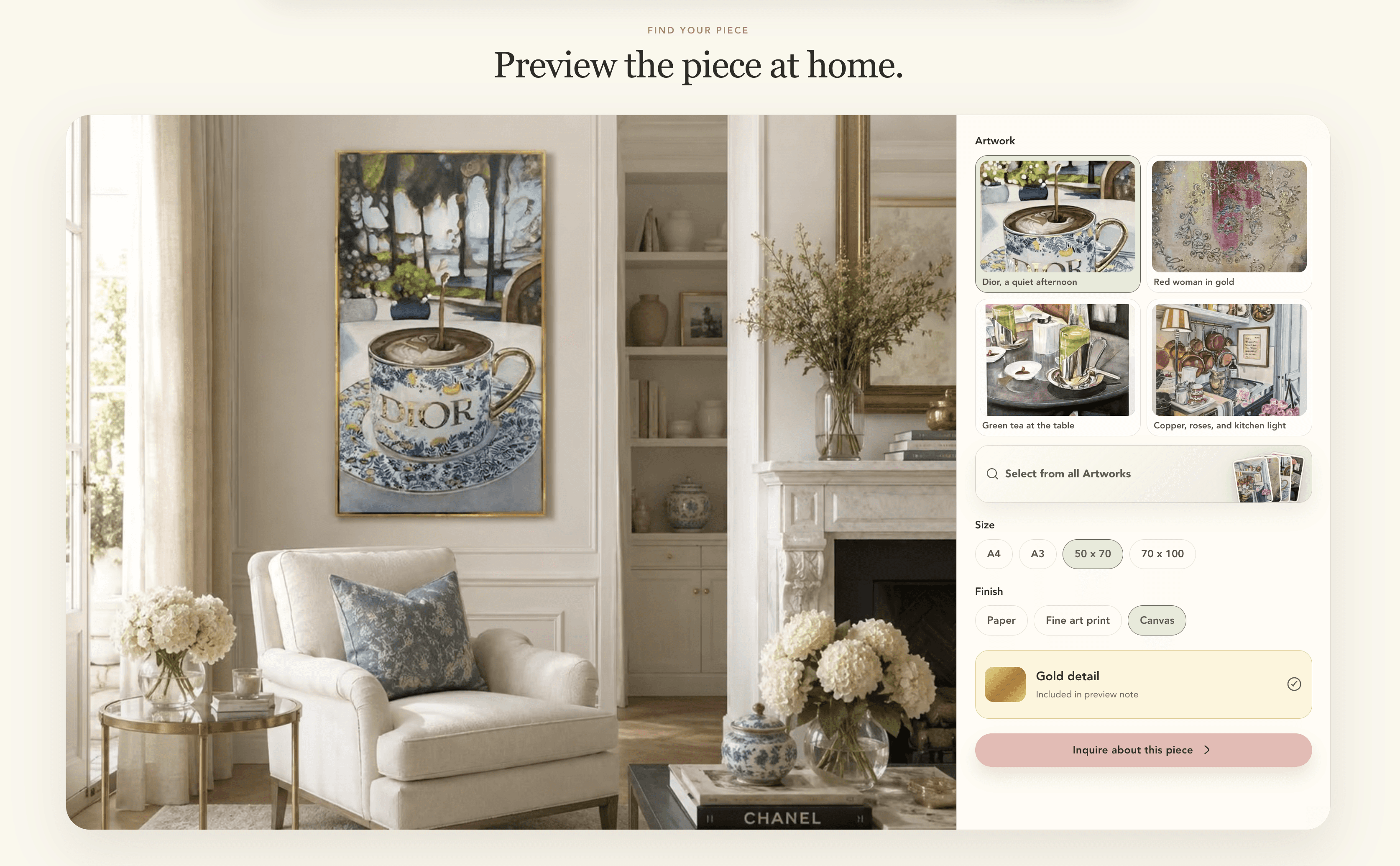 Watercolor room-preview tool showing artwork in a home setting