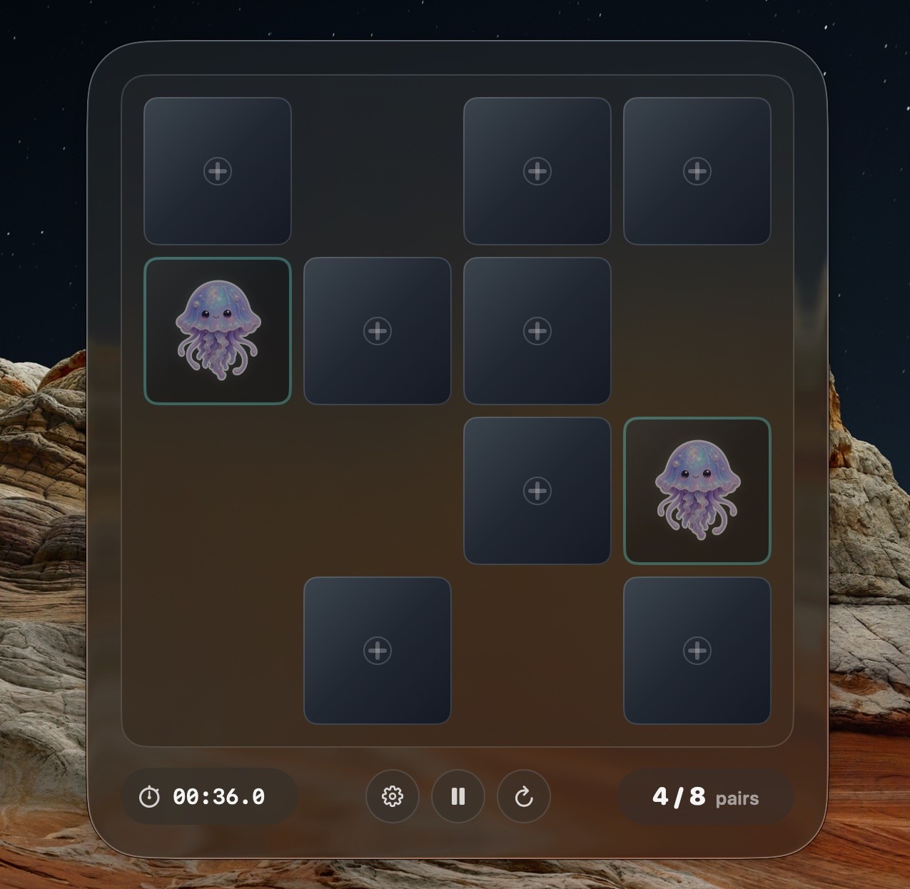 PeekPairs compact 4x4 board with dark glass cards