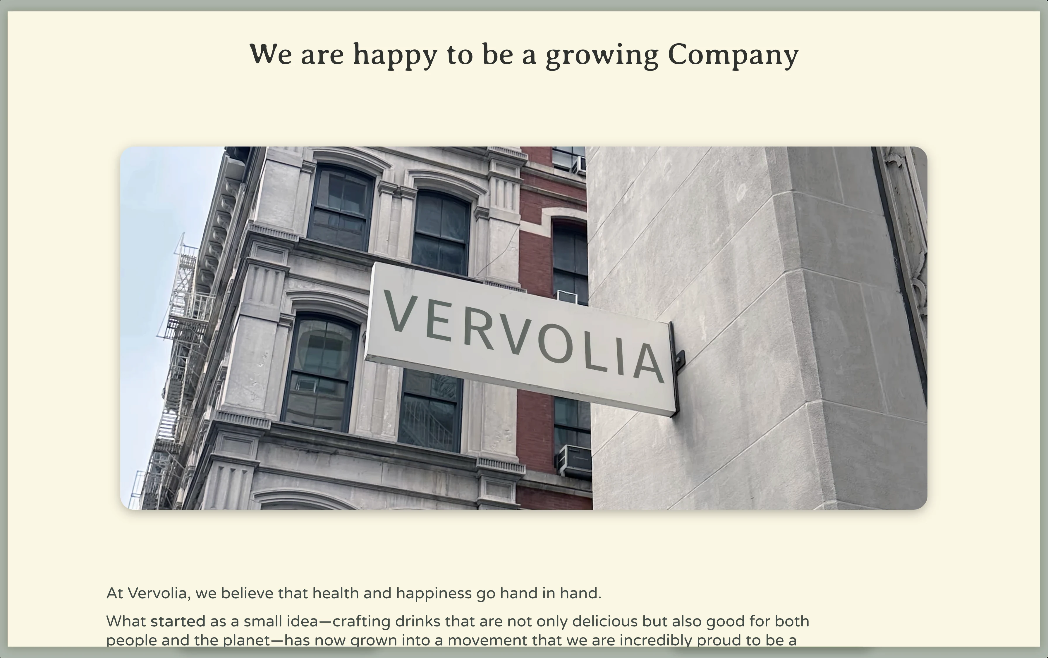 VERVOLIA company story page with a large branded storefront mockup