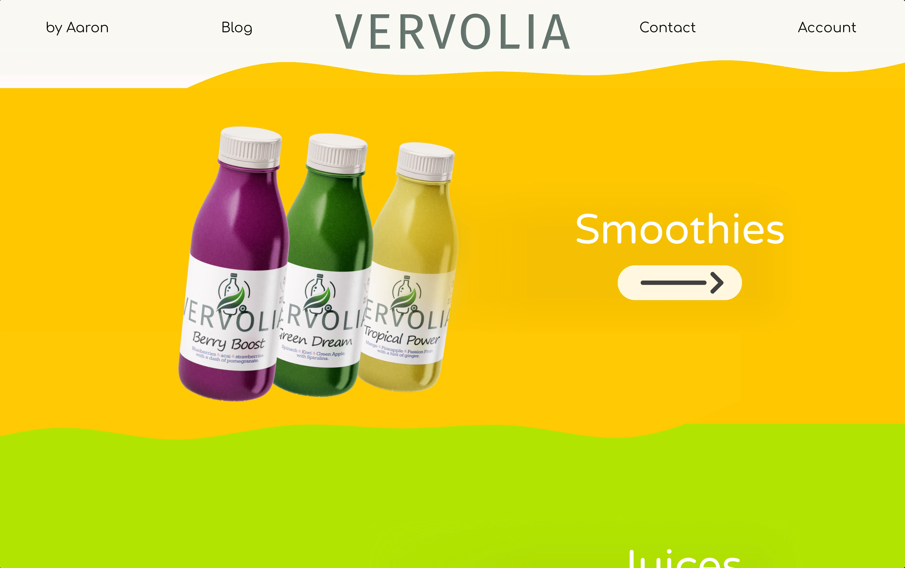 VERVOLIA smoothie lineup with three colorful branded bottles